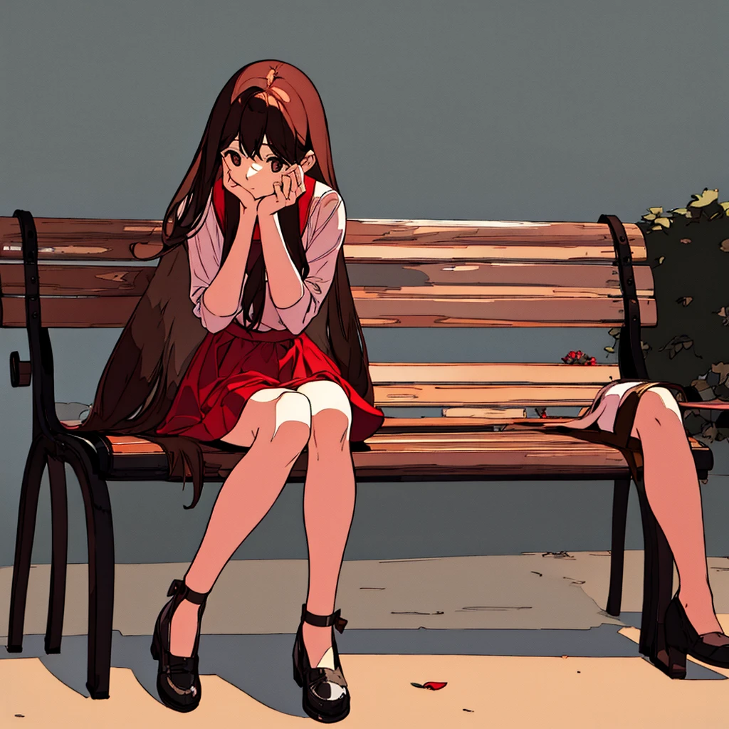 Light gray plain background Woman sitting on bench Red flower Simple Long hair Brown hair