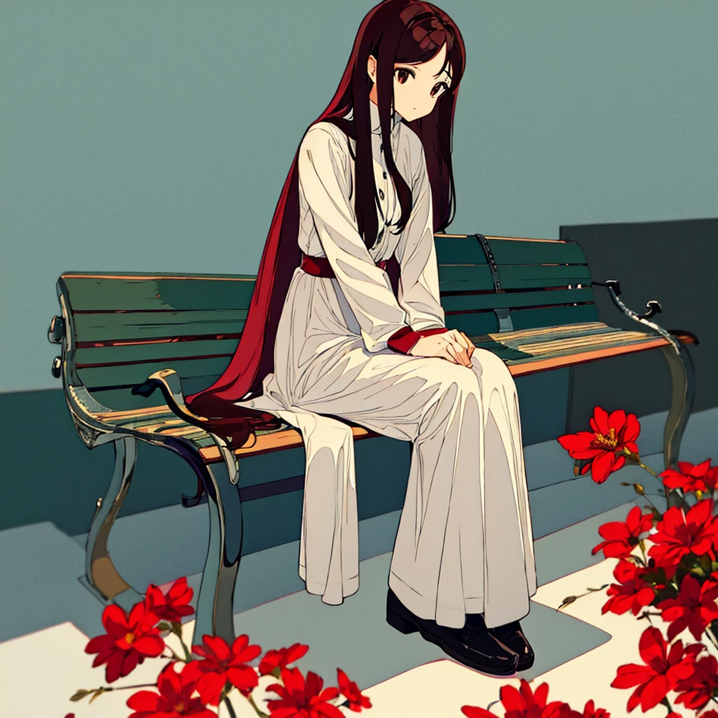 Light gray plain background Woman sitting on bench Red flower Simple Long hair Brown hair
