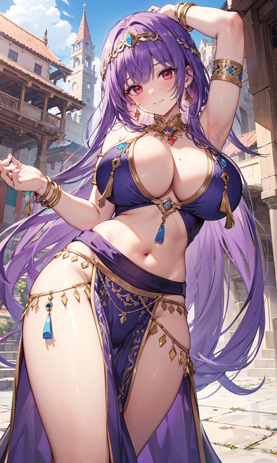 high quality, ultra detailed, best quality, insanely detailed, beautiful, masterpiece, 1girl, medieval plaza, cowboy shot, red eyes, long hair, purple hair, belly dancer, circlet, earrings, armlets, bracelets, bashful smile, large breasts, cleavage, soft stomach