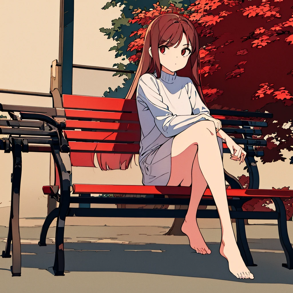 Light gray plain background Woman sitting on bench Red flower Simple Long hair Brown hair
