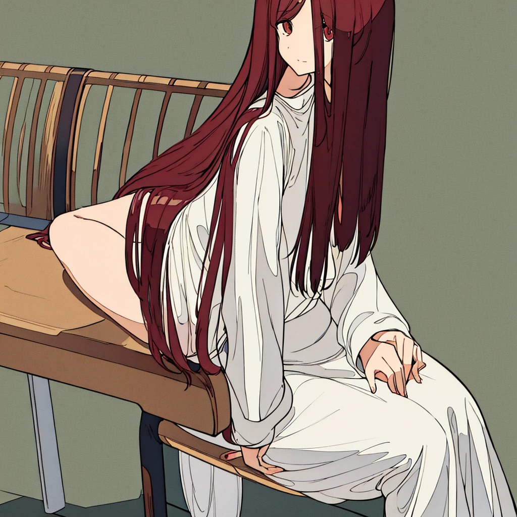 Light gray plain background Woman sitting on bench Red flower Simple Long hair Brown hair