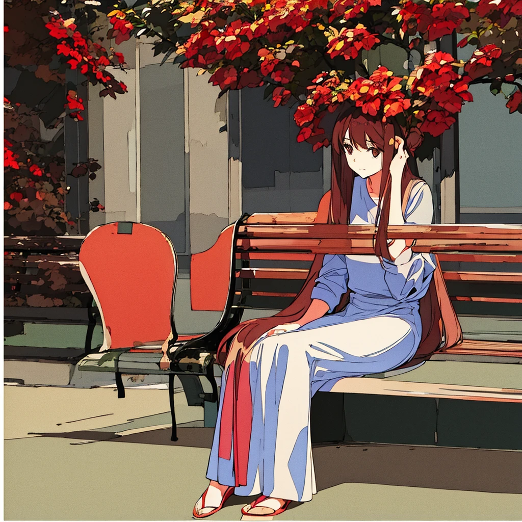 Light gray plain background Woman sitting on bench Red flower Simple Long hair Brown hair
