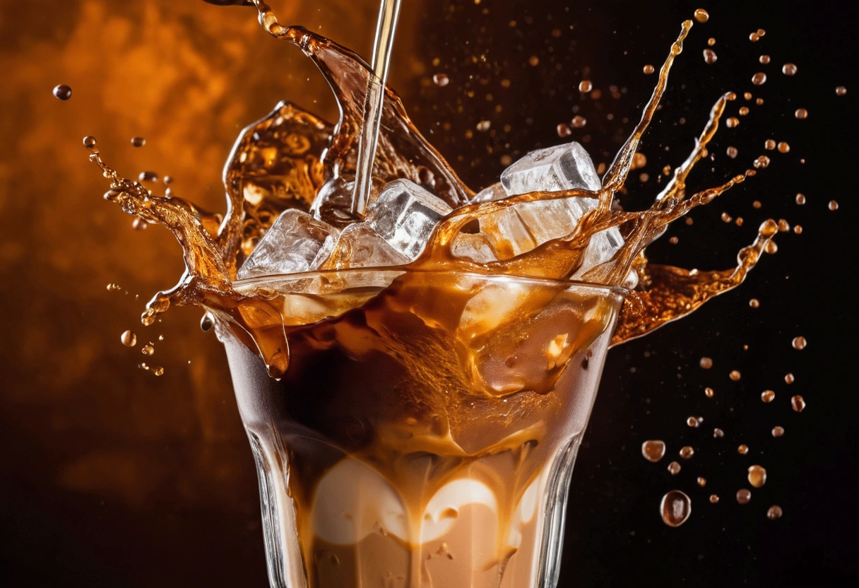 a picture of ice coffee, coffee splashing in the elegant luxury color background like in a commercial, everything in focus