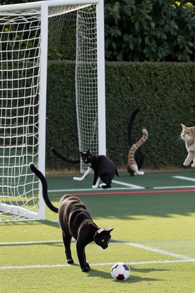 A cat scoring a goal in a game in front of his cat friends