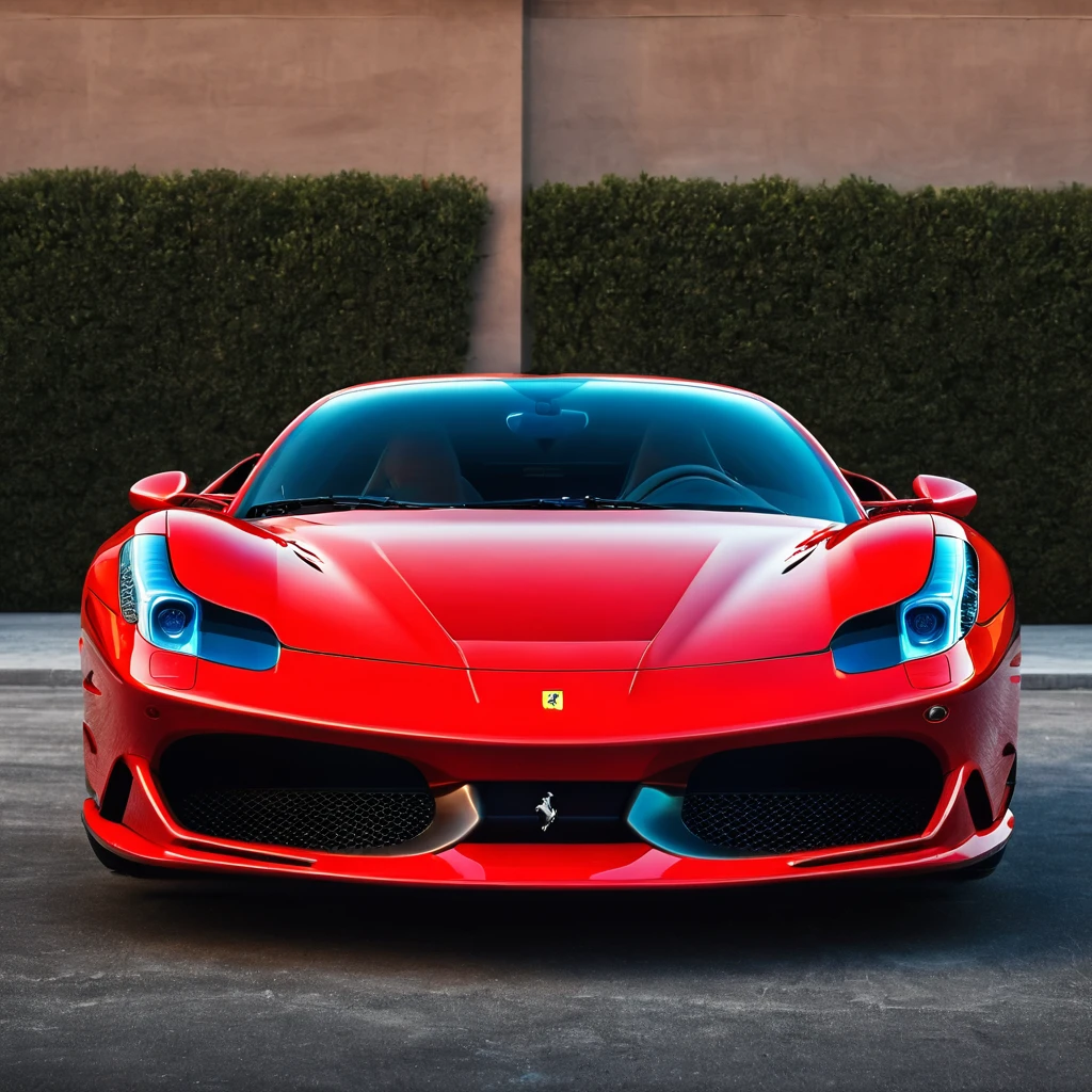 neon ferrari, front view photo real