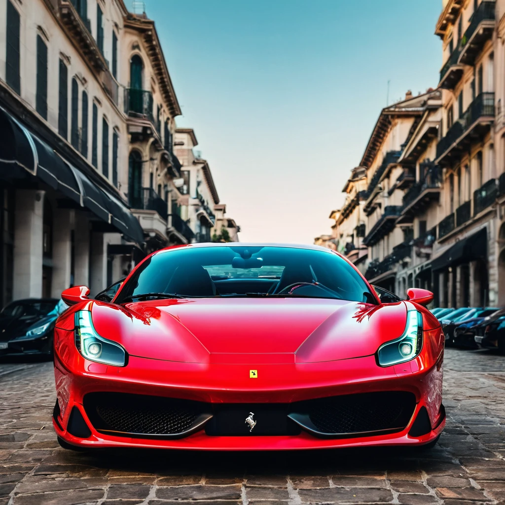 neon ferrari, front view photo real