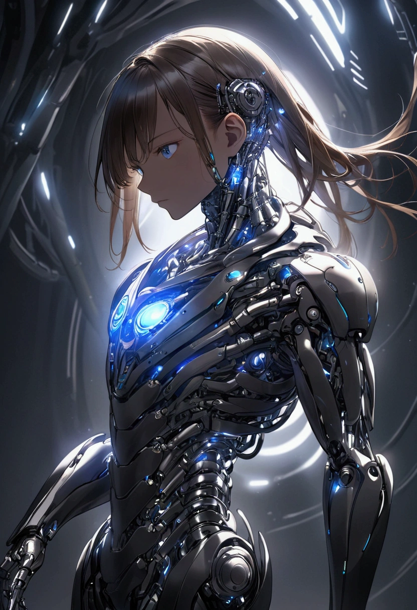 ((masterpiece)), ((best quality)), (from front, facing front), (cybernetic, exoskeleton armor), 1man, solo, black skin, long brown hair, blue eyes, cyber exoskeleton armor, hyper-detailed, cinematic lighting, chiaroscuro, intricate details, metallic sheen, futuristic, mechanical, striking, powerful, awe-inspiring, moody, atmospheric