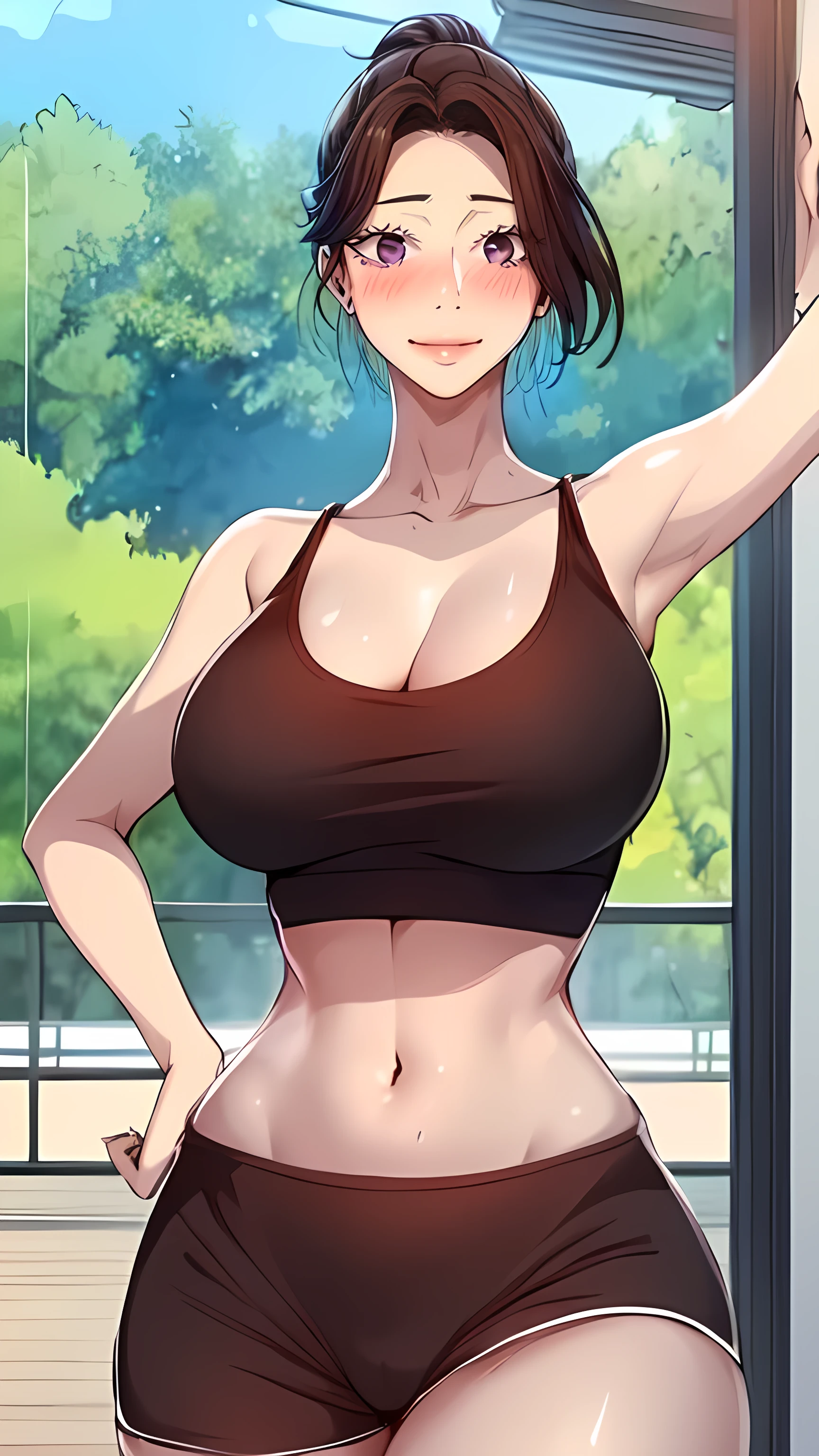 score_9, score_8_up, score_7_up, score_6_up, score_5_up, score_4_up, (8k, RAW photo, best quality, masterpiece:1.2), front view detailed body, long belly, big , Slender body, tight body , thicc ,large breast , long thighs, junescdef, brown hair, short hair, purple eyes, large breasts, beautiful legs, long dress, 1girl, breasts, solo, brown_hair, hair_bun, shirt, crop top, dolphin shorts, sweat drop, heavy breath, wet clothes, armpit, outdoors. Navel, looking at viewer,