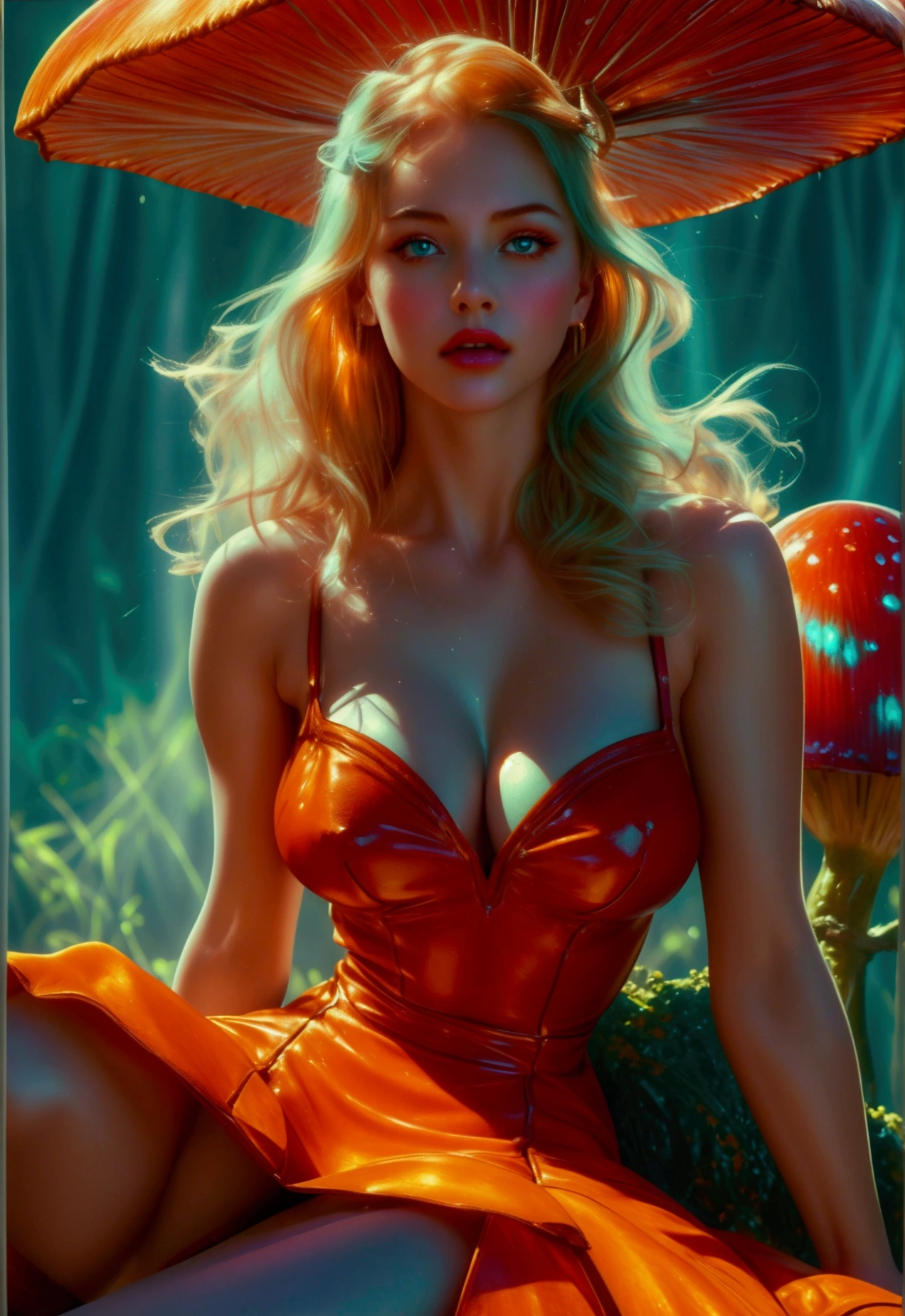 (((ultra realistic))) Photo, masterpiece, top quality, (pale skin), (Ultra detailed face and eyes:1.3), 1 girl, Adult, A Gil Elvgren pin-up style painting of a beautiful blonde woman with big messy hair, with a thin red hairband, (in a seductive Teal and Amber Sheath dress), cleavage, white stockings, in a provocative pose, sitting on a giant glowing mushroom, vibrant and colorful,(Natural breasts). ((Posing)), photoshoot, (Soft Lighting), (The play of light and shadows), depth of field, bokeh, (special attention to skin detail: 1.2), Detailed leather texture, detailed skin pores. (Erotic atmosphere of the frame. Color range - Teal, ox blood red, lime green and Grape purple tones), UDR, ((Film grain)), ((rays)), (Glare), ((full body portrait)) , ultra detailed.