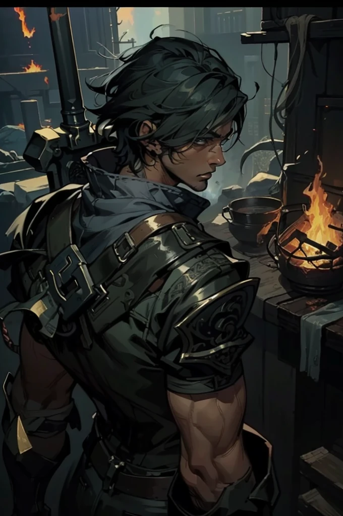 (absurdities, High Resolutions, ultra detailed, HDR), Masterpiece, The best quality, final fantasy xvi, clive rosfield, 1man only, handsome, short hair, black hair, vibrant blue eyes, fine eyes and detailed face, (((fire, llamas, To his back)) armor, ((Intricate weapon)). Final Fantasy, clive rosfield,, abs, badass pose, Anime boy with hands on head, Beautiful anime pose, Anime hombre handsome, anime male character, Badass Anime 8K, Detailed anime character art, HDR Anime MacManus Anime Concept, anime boy, Ikuto Yamashita, CG anime soft art, manga wallpaper 4k, inspired by Yamagata Hiro, anime wallaper