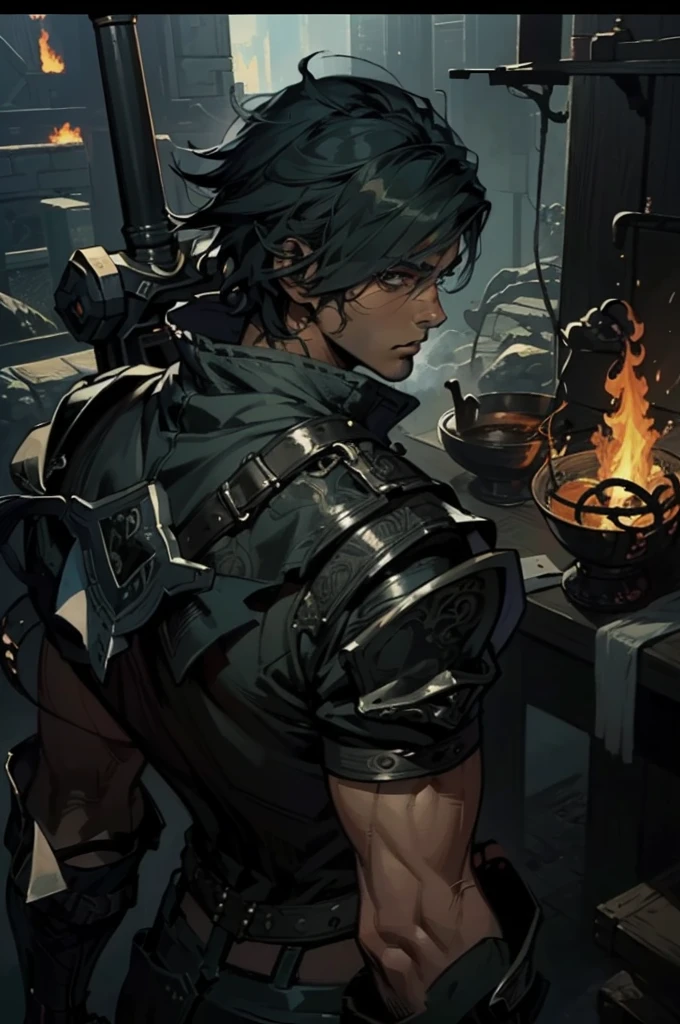 (absurdities, High Resolutions, ultra detailed, HDR), Masterpiece, The best quality, final fantasy xvi, clive rosfield, 1man only, handsome, short hair, black hair, vibrant blue eyes, fine eyes and detailed face, (((fire, llamas, To his back)) armor, ((Intricate weapon)). Final Fantasy, clive rosfield,, abs, badass pose, Anime boy with hands on head, Beautiful anime pose, Anime hombre handsome, anime male character, Badass Anime 8K, Detailed anime character art, HDR Anime MacManus Anime Concept, anime boy, Ikuto Yamashita, CG anime soft art, manga wallpaper 4k, inspired by Yamagata Hiro, anime wallaper
