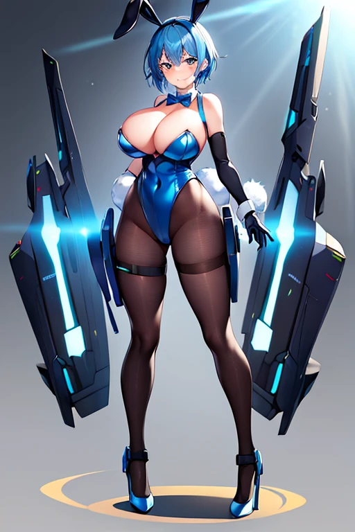 1girl, blue hair, large breasts, bunny ears, rabbit ears, wide hips, bodysuit, black bodysuit, short hair, very short hair, science-fiction, tech, futuristic, machinery, full body, ((full body)), smile, light smile, robot girl, drone, high heels, fishnets, fishnet pantyhose, 