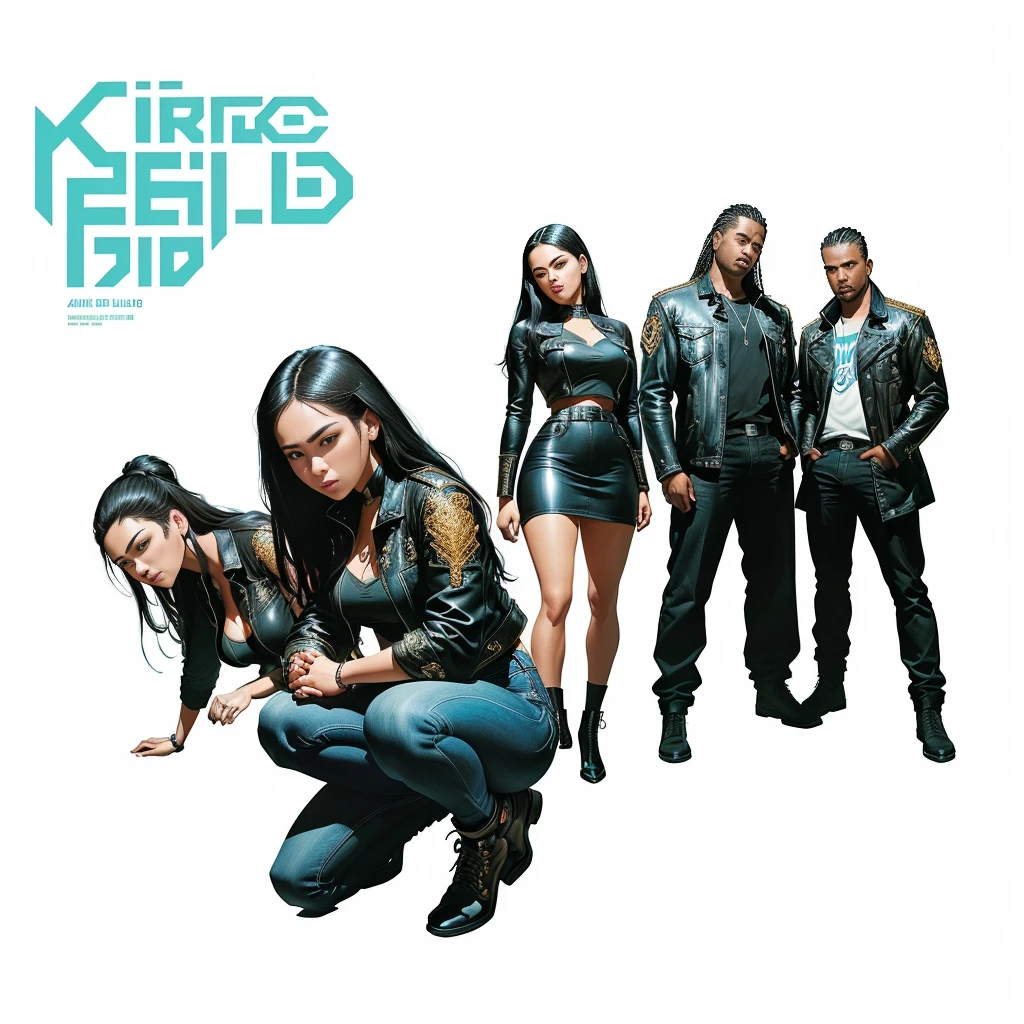 arafed image of a woman kneeling down with a group of three men in the background, promo art, glenn barr, album cover, official artwork, album artwork, promotional artwork, album cover!, bella, art cover, promo shot, belle, alternate album cover, promo poster, cd cover artwork, promotional art, promo image, album art, by Ella Guru