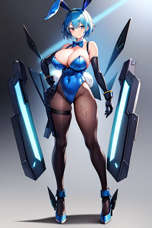 1girl, blue hair, large breasts, bunny ears, rabbit ears, wide hips, bodysuit, black bodysuit, short hair, very short hair, science-fiction, tech, futuristic, machinery, full body, ((full body)), smile, light smile, robot girl, drone, high heels, fishnets, fishnet pantyhose, 