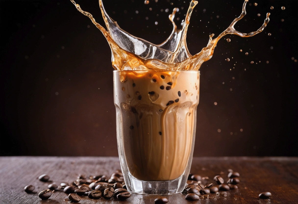 a picture of ice coffee, coffee splashing in the elegant luxury color background like in a commercial, everything in focus
