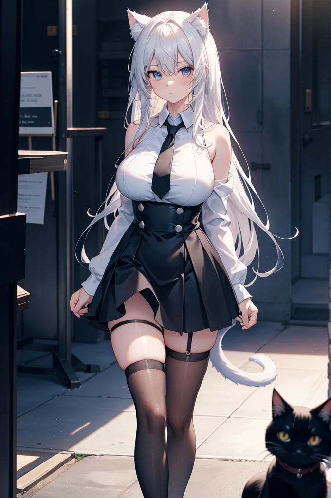 anime, 1 girl, cat girl, cat ears, perfect face, Radiant skin, Beautiful long flowing hair very huge breasts, Open breasts,Bare shoulders exposed, arms exposed, Slim toned body, seductive posture, standing, sexy pose, Slim white shirt with tie, Tight black skirt, High skirt, nylong stockings, five fingers, long legs, 8 k artistic photography, Conceptual art of photorealism, soft natural volumetric cinematic perfect light, epic, Trending on Artstationh, vibrant, Production of a cinematic character, very high quality model, Chiaroscuro