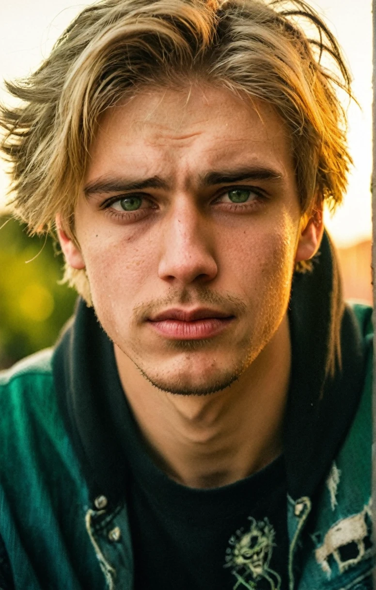 Grunge style 25 year old man,blond hair,green eyes,extremely handsome,chiseled jaw,full stubble,skin pores,glossy eyes,(short hair),black harley davidson hoodie,denim jeans,torn jeans,golden hour,sitting on the ledge of a city rooftop,Thorough,analog style,eye focus,highest quality,(highly detailed skin),perfect face,skin pores,(bokeh:0.6),sharp focus,dappled lighting,(backlighting:0.7),film grain,front view,(upper body:0.9) ., . Textured, vintage, edgy,
