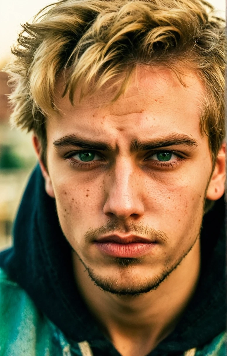Grunge style 25 year old man,blond hair,green eyes,extremely handsome,chiseled jaw,full stubble,skin pores,glossy eyes,(short hair),black harley davidson hoodie,denim jeans,torn jeans,golden hour,sitting on the ledge of a city rooftop,Thorough,analog style,eye focus,highest quality,(highly detailed skin),perfect face,skin pores,(bokeh:0.6),sharp focus,dappled lighting,(backlighting:0.7),film grain,front view,(upper body:0.9) ., . Textured, vintage, edgy,