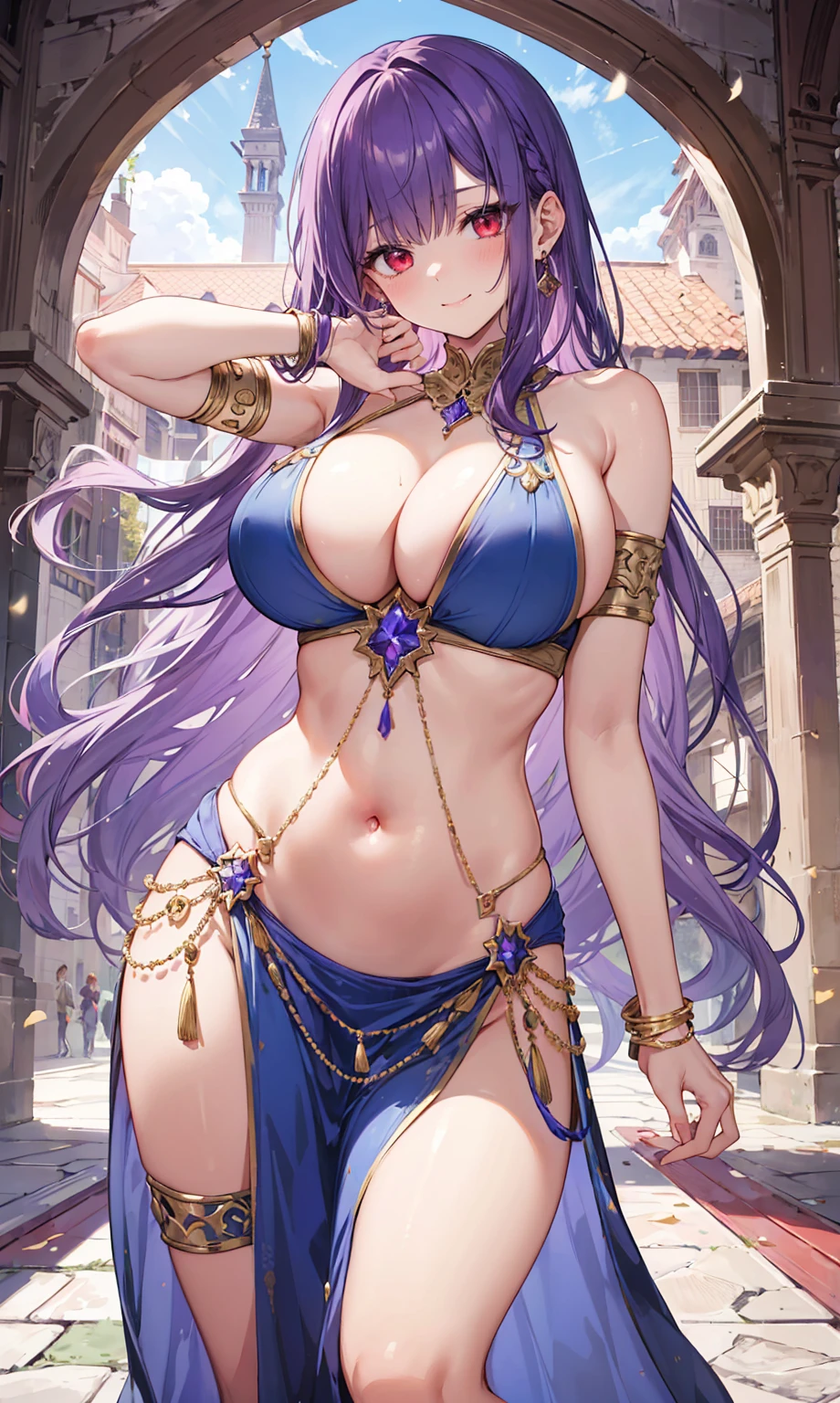 high quality, ultra detailed, best quality, insanely detailed, beautiful, masterpiece, 1girl, medieval plaza, cowboy shot, red eyes, long hair, purple hair, belly dancer, circlet, earrings, armlets, bracelets, bashful smile, large breasts, cleavage, soft stomach