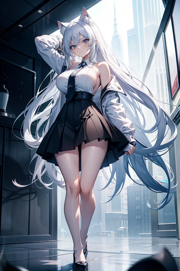 anime, 1 girl, cat girl, cat ears, perfect face, Radiant skin, Beautiful long flowing hair very huge breasts, Open breasts,Bare shoulders exposed, arms exposed, Slim toned body, seductive posture, standing, sexy pose, Slim white shirt with tie, Tight black skirt, High skirt, nylong stockings, five fingers, long legs, 8 k artistic photography, Conceptual art of photorealism, soft natural volumetric cinematic perfect light, epic, Trending on Artstationh, vibrant, Production of a cinematic character, very high quality model, Chiaroscuro