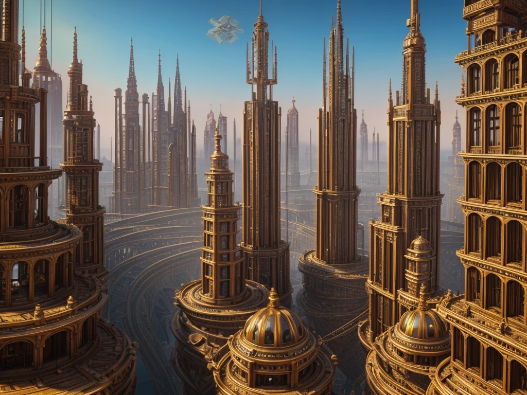 analog style, steampunk floating cities, fantasy city, pontes, Utopian architecture, ultra-realistic 8k, orbs as life forms.