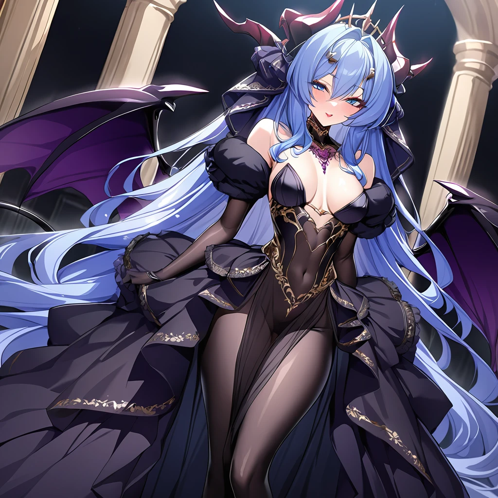 ((Highest quality)), ((masterpiece)), (detailed), （Perfect Face）、The woman was a beautiful, jet-black-skinned archdemon, the evil queen, Devil Extia. She had medium-long blue hair, was wearing a gorgeous black wedding dress with gold embroidery and trim, a black wedding veil, an engagement ring, and luxurious accessories. She was the elegant, beautiful archdemon queen.、A beautiful, jet-black-skinned demon with magnificent devil horns, devil wings, and a devil tail.