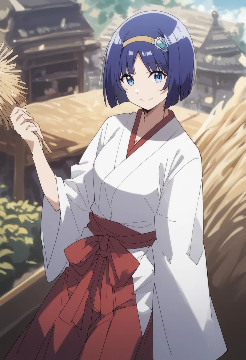 blue eyes,short hair,jewelry hairband, short hair, bob cut, in miko clothes cleaning the entrance of the Temple, white robe, (red hakama;1.45), straw broom, Tsurugaoka Hachimangu Temple, cute, kawaii, beautiful, smile posing, looking at viewer, (masterpiece, best quality:1.5) ,high resolution, extremely detailed, trending on pixiv, masterpiece, cinematic lighting, (anime art style:1.45),
