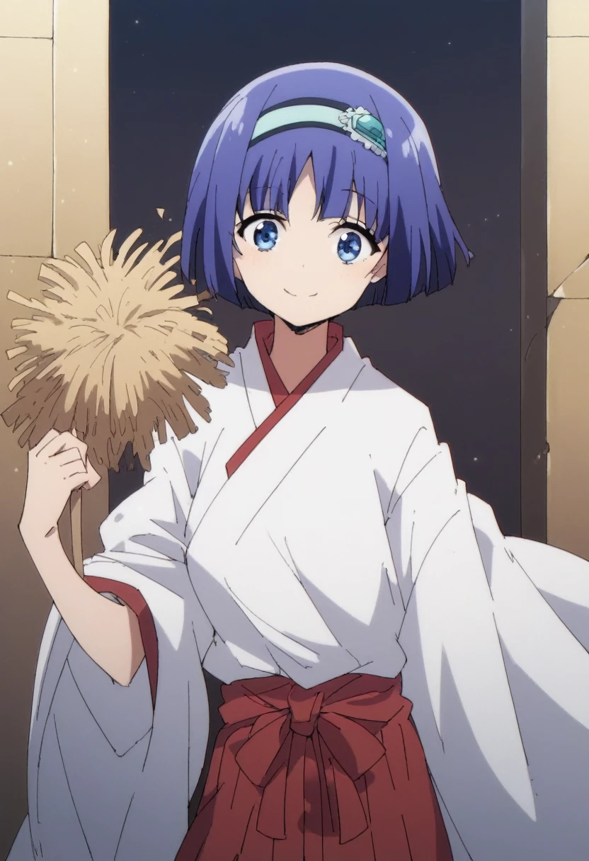 blue eyes,short hair,jewelry hairband, short hair, bob cut, in miko clothes cleaning the entrance of the Temple, white robe, (red hakama;1.45), straw broom, Tsurugaoka Hachimangu Temple, cute, kawaii, beautiful, smile posing, looking at viewer, (masterpiece, best quality:1.5) ,high resolution, extremely detailed, trending on pixiv, masterpiece, cinematic lighting, (anime art style:1.45),
