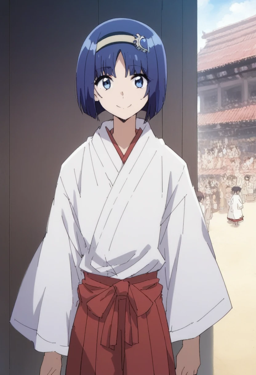 blue eyes,short hair,jewelry hairband, short hair, bob cut, in miko clothes cleaning the entrance of the Temple, white robe, (red hakama;1.45), straw broom, Tsurugaoka Hachimangu Temple, cute, kawaii, beautiful, smile posing, looking at viewer, (masterpiece, best quality:1.5) ,high resolution, extremely detailed, trending on pixiv, masterpiece, cinematic lighting, (anime art style:1.45),
