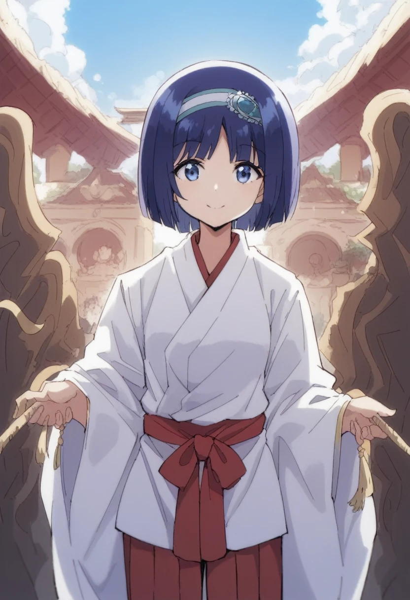 blue eyes,short hair,jewelry hairband, short hair, bob cut, in miko clothes cleaning the entrance of the Temple, white robe, (red hakama;1.45), straw broom, Tsurugaoka Hachimangu Temple, cute, kawaii, beautiful, smile posing, looking at viewer, (masterpiece, best quality:1.5) ,high resolution, extremely detailed, trending on pixiv, masterpiece, cinematic lighting, (anime art style:1.45),
