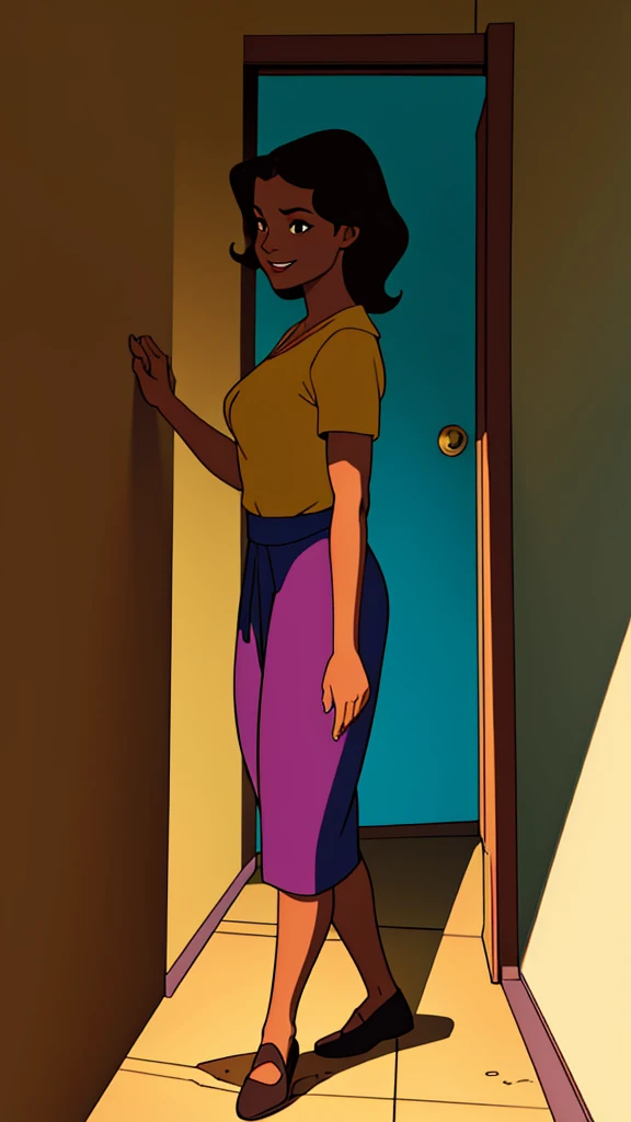 Create an image in the style of classic comics, with vibrant colors and well-defined lines. The scene features a Brazilian woman with medium-length, wavy dark hair and a medium skin tone. She is exiting a room in a building, walking confidently with a happy expression on her face. The view should be in profile, capturing her side silhouette. The background should show a corridor with multiple doors, each having a sign near the entrance. The corridor should have typical elements like walls, floors, and lights to provide context.