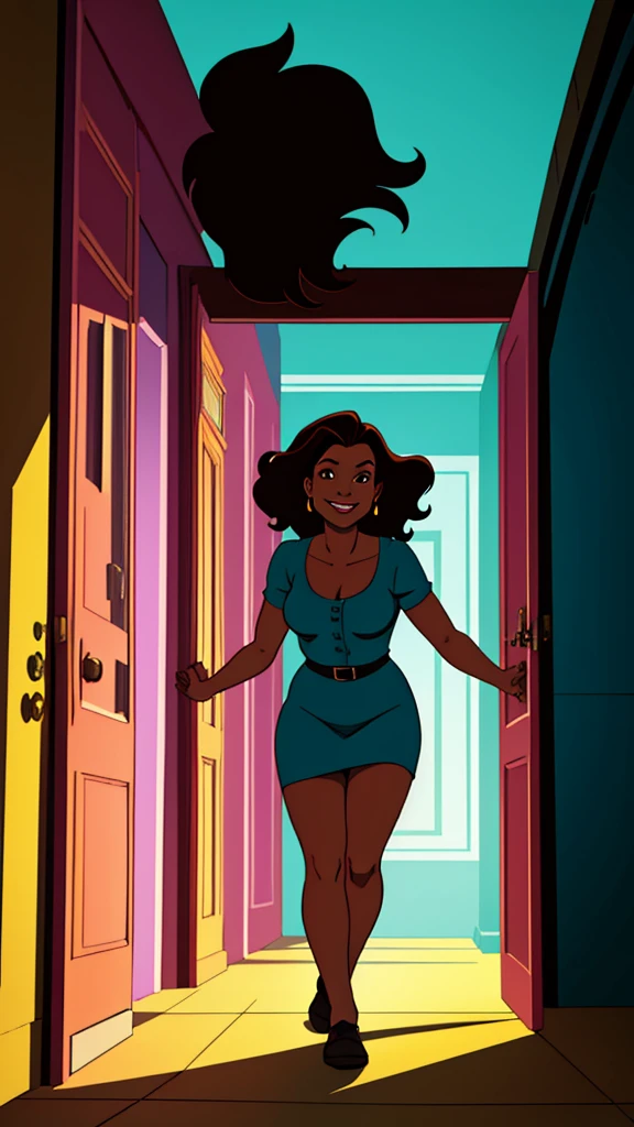 Create an image in the style of classic comics, with vibrant colors and well-defined lines. The scene features a Brazilian woman with medium-length, wavy dark hair and a medium skin tone. She is exiting a room in a building, walking confidently with a happy expression on her face. The view should be in profile, capturing her side silhouette. The background should show a corridor with multiple doors, each having a sign near the entrance. The corridor should have typical elements like walls, floors, and lights to provide context.