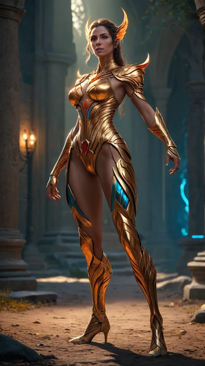 ((Full body photo, standing, on the ground)) Concept art, fantasygenesis, huge, masterpiece portraite, perfect composition, sharp focus, full body shot, cinematic bright lighting, bold lines, contrast, (realistic:1.4), best quality, colorful, depth of field detailed background, RAW photo ISO 100, 16K resolution