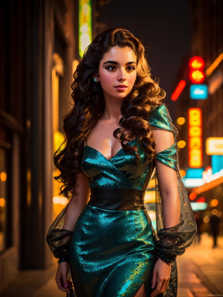 photo of a 25 years old european girl, RAW, beautiful woman, (extra long wavy brown hair), ((portrait)), ((detailed face:1.2)), ((detailed facial features)), (finely detailed skin), pale skin, high detailed deep cleavage cyberpunk dress outfit, megacity environment, (cold colors), damp, moist, reflections, (masterpiece) (perfect proportion)(realistic photo)(best quality) (detailed) photographed on a Canon EOS R5, 50mm lens, F/2.8, HDR, (8k) (wallpaper) (cinematic lighting) (dramatic lighting) (sharp focus) (intricate)