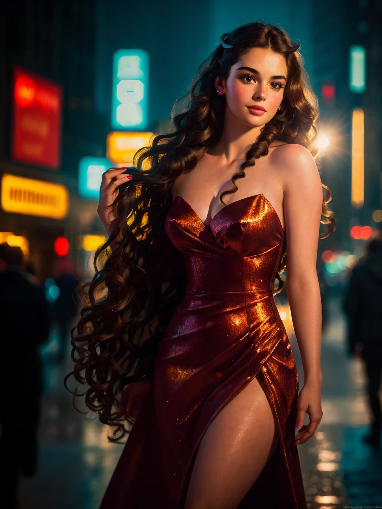 photo of a 25 years old european girl, RAW, beautiful woman, (extra long wavy brown hair), ((portrait)), ((detailed face:1.2)), ((detailed facial features)), (finely detailed skin), pale skin, high detailed deep cleavage cyberpunk dress outfit, megacity environment, (cold colors), damp, moist, reflections, (masterpiece) (perfect proportion)(realistic photo)(best quality) (detailed) photographed on a Canon EOS R5, 50mm lens, F/2.8, HDR, (8k) (wallpaper) (cinematic lighting) (dramatic lighting) (sharp focus) (intricate)