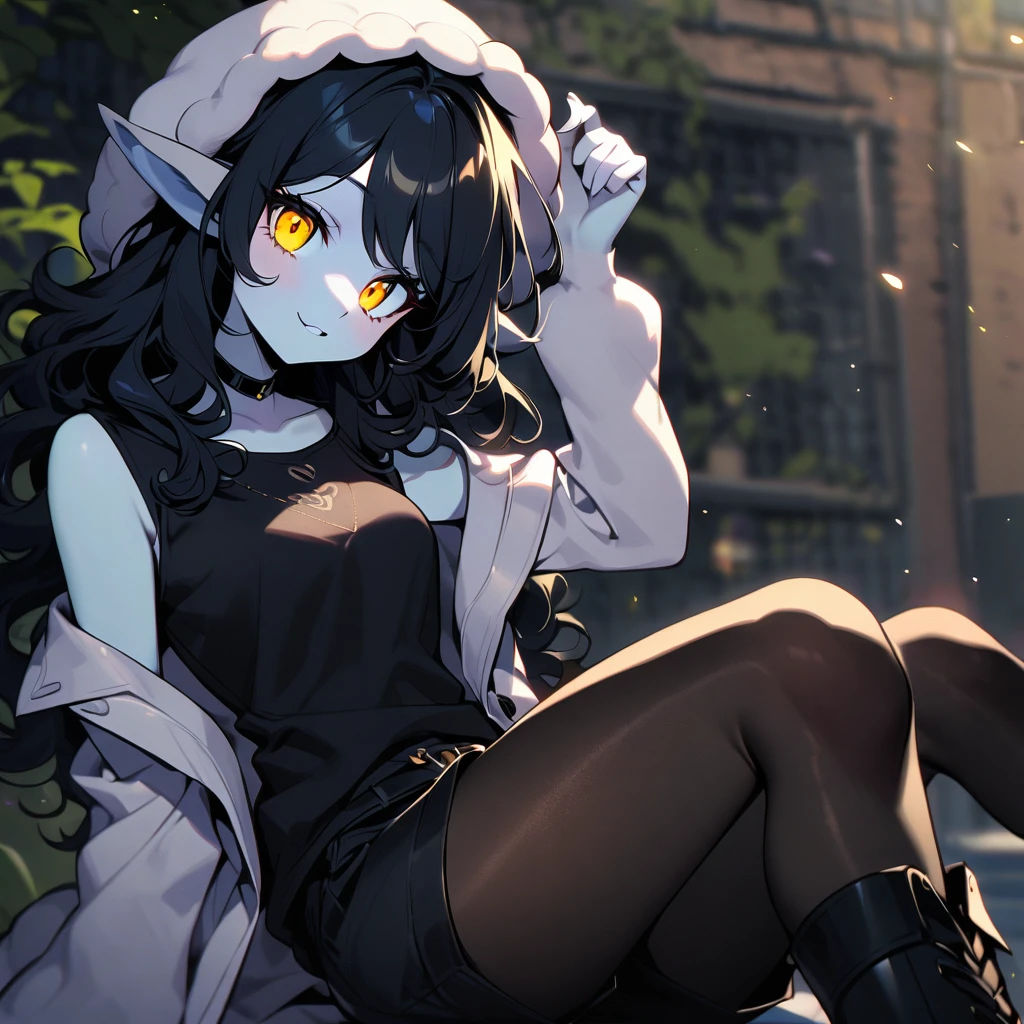 (well done: 1) woman, pale white skin, big sheep ears, curly hair down to black shoulders, yellow eyes, black choker, white jacket with black details with furry hood, black shirt underneath, shorts black, black boots, hose.