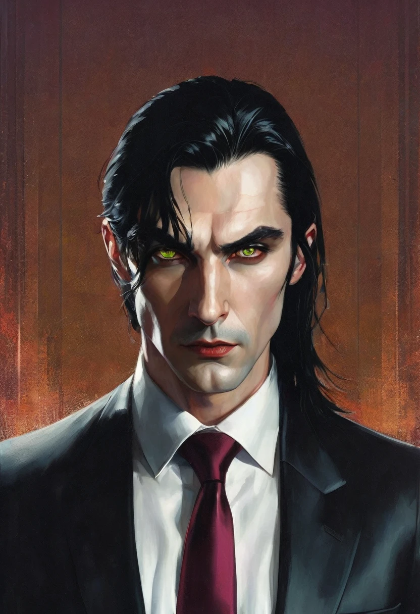 30 years old man. slightly long black hair, a subtle fringe falling across the forehead, bluish green eyes with golden dots, thin face, thin, slightly red lips, dark and brooding expression wearing an entirely black suit, burgundy tie, Vampire appearance, he is the Ceo, virility, European man, BUSINESSMAN, vampiresco