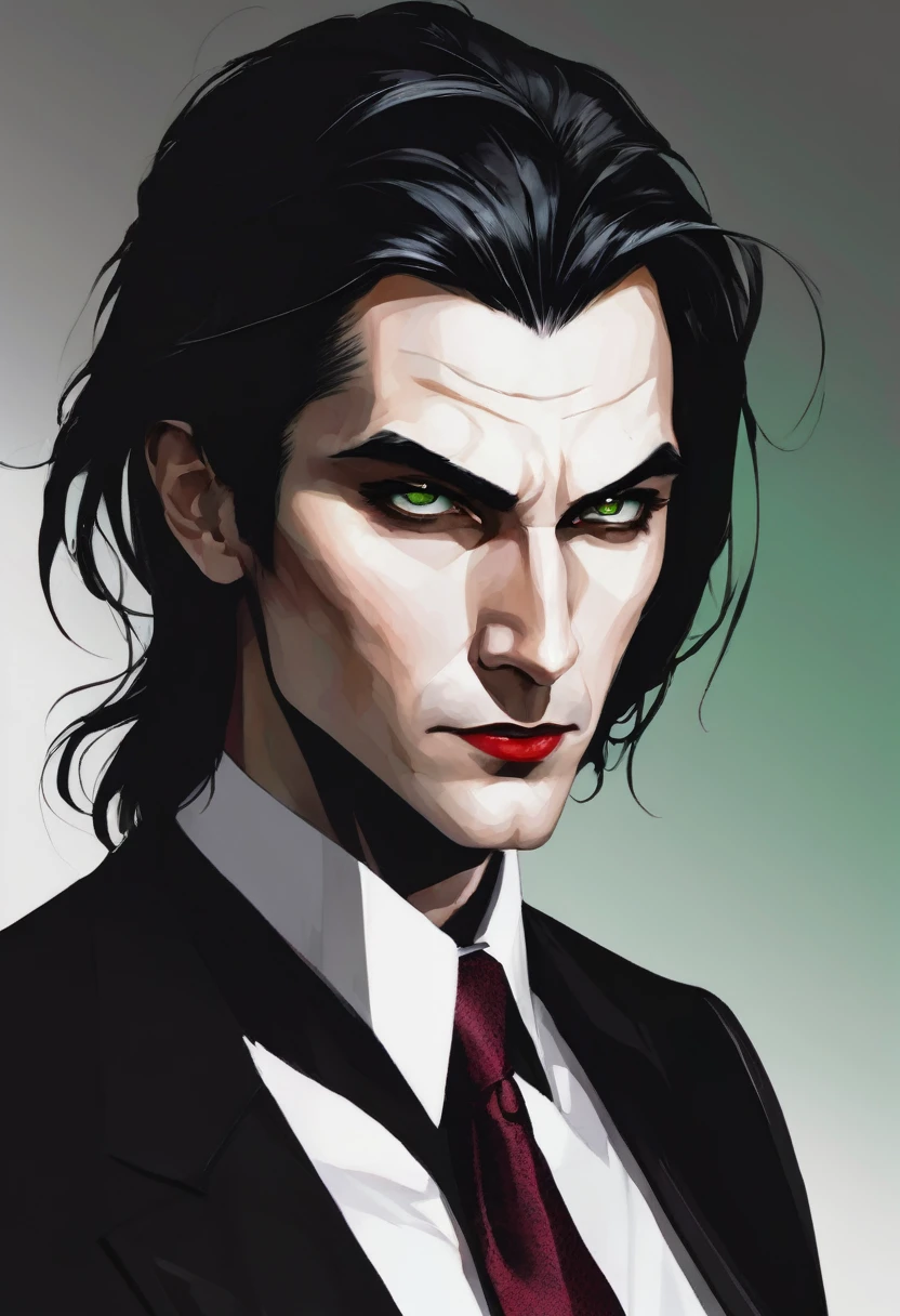 30 years old man. slightly long black hair, a subtle fringe falling across the forehead, bluish green eyes with golden dots, thin face, thin, slightly red lips, dark and brooding expression wearing an entirely black suit, burgundy tie, Vampire appearance, he is the Ceo, virility, European man, BUSINESSMAN, vampiresco
