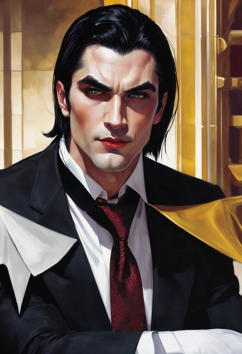 30 years old man. slightly long black hair, a subtle fringe falling across the forehead, bluish green eyes with golden dots, thin face, thin, slightly red lips, dark and brooding expression wearing an entirely black suit, burgundy tie, Vampire appearance, he is the Ceo, virility, European man, BUSINESSMAN, vampiresco