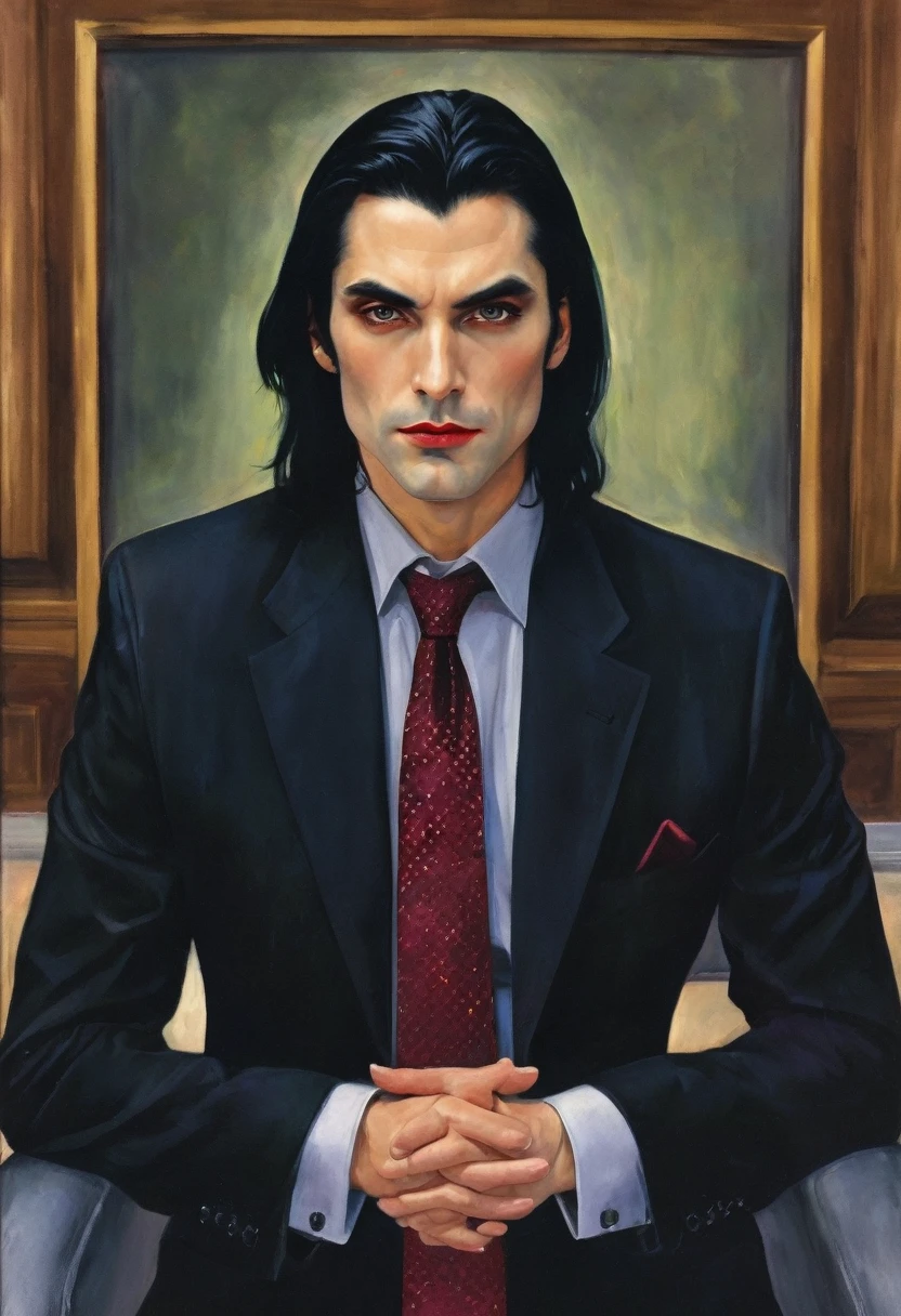 30 years old man. slightly long black hair, a subtle fringe falling across the forehead, bluish green eyes with golden dots, thin face, thin, slightly red lips, dark and brooding expression wearing an entirely black suit, burgundy tie, Vampire appearance, he is the Ceo, virility, European man, BUSINESSMAN, vampiresco
