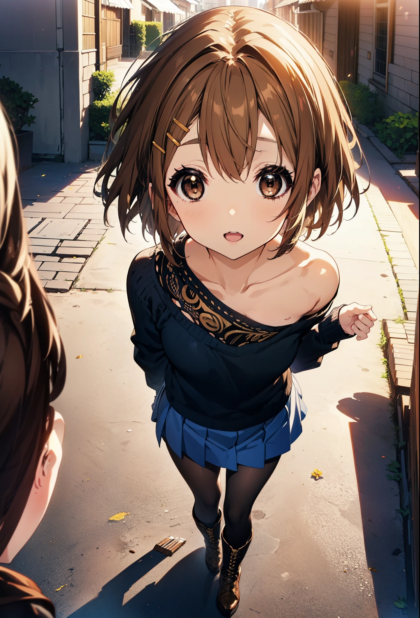 yuihirasawa, Yui Hirasawa, short hair, Brown Hair, hair ornaments, (Brown eyes:1.5), Hair Clip,One-shoulder sweater,mini skirt,Black pantyhose,short boots,Walking,morning,morning陽,The sun is rising,smile,Open your mouth,whole bodyがイラストに入るように
break outdoors,Building district, 
break looking at viewer, whole body,
break (masterpiece:1.2), Highest quality, High resolution, unity 8k wallpaper, (figure:0.8), (Beautiful attention to detail:1.6), Highly detailed face, Perfect lighting, Highly detailed CG, (Perfect hands, Perfect Anatomy),