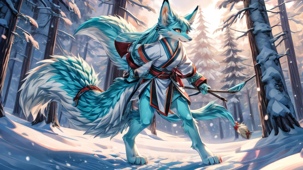 The best quality, Japanese adolescent hatsune miku x kitsune , fox face elongated snout add-detail, Surprise face, sweaty body, heated add_detail,, kitsune warrior in the snow add_detail:1, Whole body, barefoot add_detail:1 mistycal aura