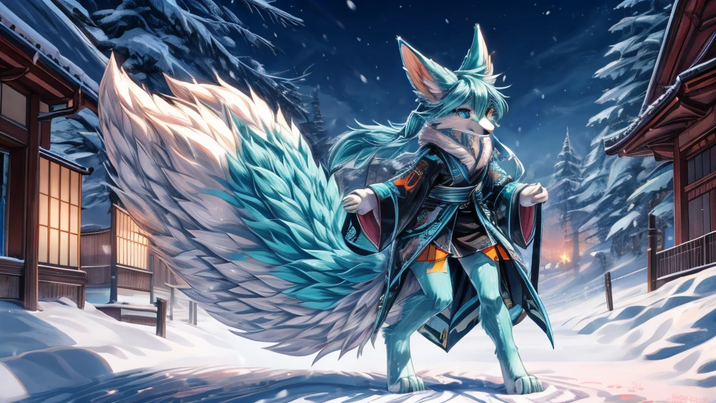 The best quality, Japanese adolescent hatsune miku x kitsune , fox face elongated snout add-detail, Surprise face, sweaty body, heated add_detail,, kitsune warrior in the snow add_detail:1, Whole body, barefoot add_detail:1 mistycal aura