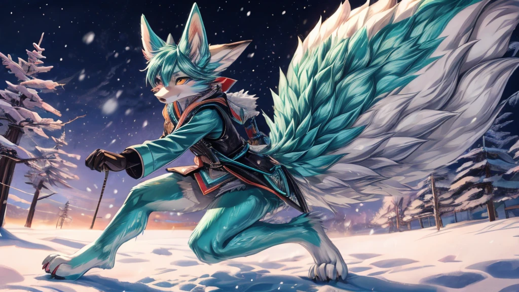 The best quality, Japanese adolescent hatsune miku x kitsune , fox face elongated snout add-detail, Surprise face, sweaty body, heated add_detail,, kitsune warrior in the snow add_detail:1, Whole body, barefoot add_detail:1 mistycal aura
