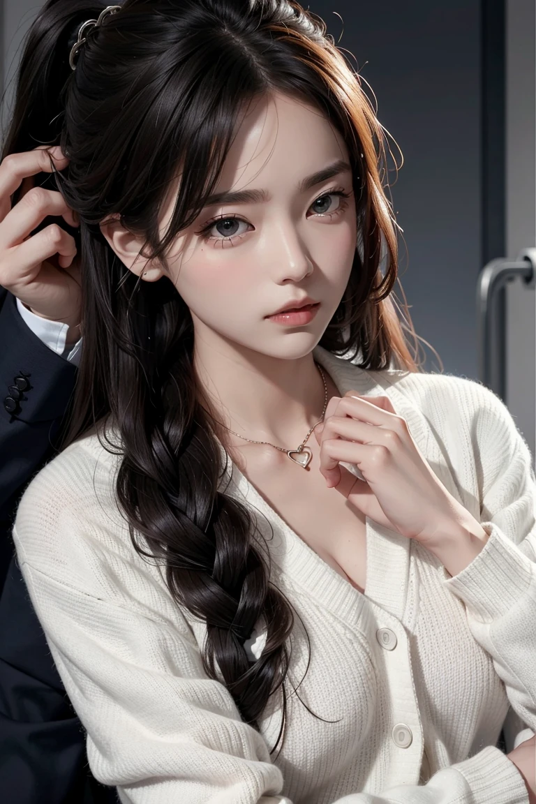 Female Spy、Knitted sweater、The chest is emphasized、Long Hair、Being tortured、Being restrained in handcuffs、Her face is 、Wearing a chain around his neck、