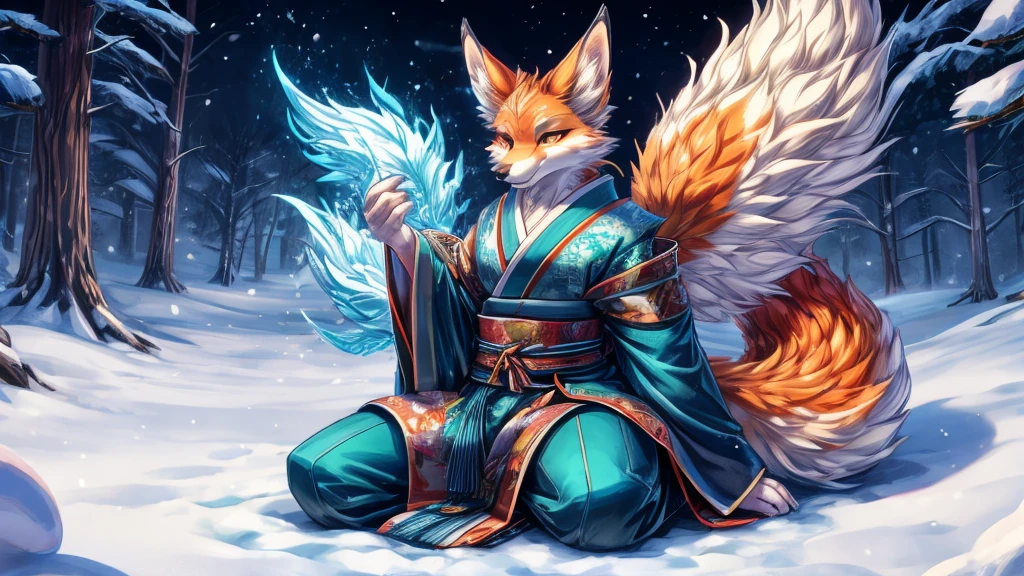 japanese kitsune, aqua fur add-detail, cunning face add_detail, kitsune in the snow add_detail:1, full body add_detail:1, mistycal aura