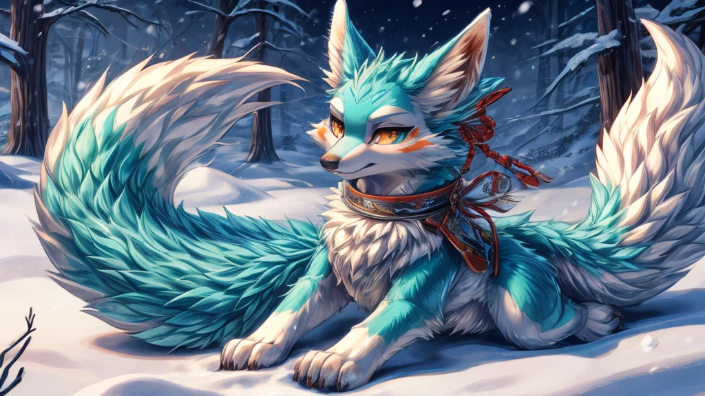japanese kitsune, aqua fur add-detail, cunning face add_detail, kitsune in the snow add_detail:1, full body add_detail:1, mistycal aura