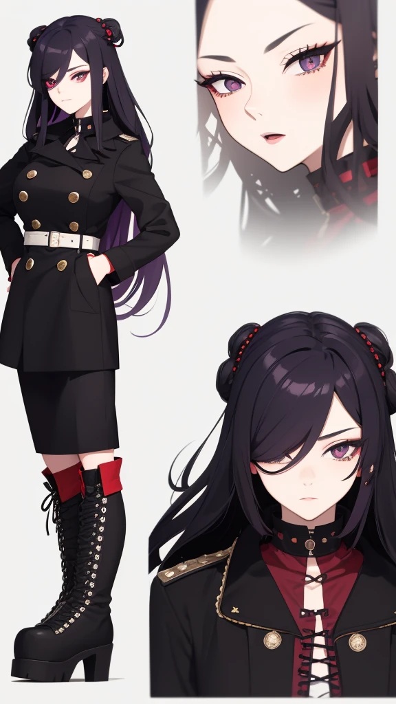 Young woman, 21 years old, full length, White background. Black hair with red ends. Emphasis on hairstyle. One eye is blue, Other purple. Focus on eye color. Pierced nose with ring on the left. haughty expression on his face. Long winter black coat that is fully buttoned, lace-up boots