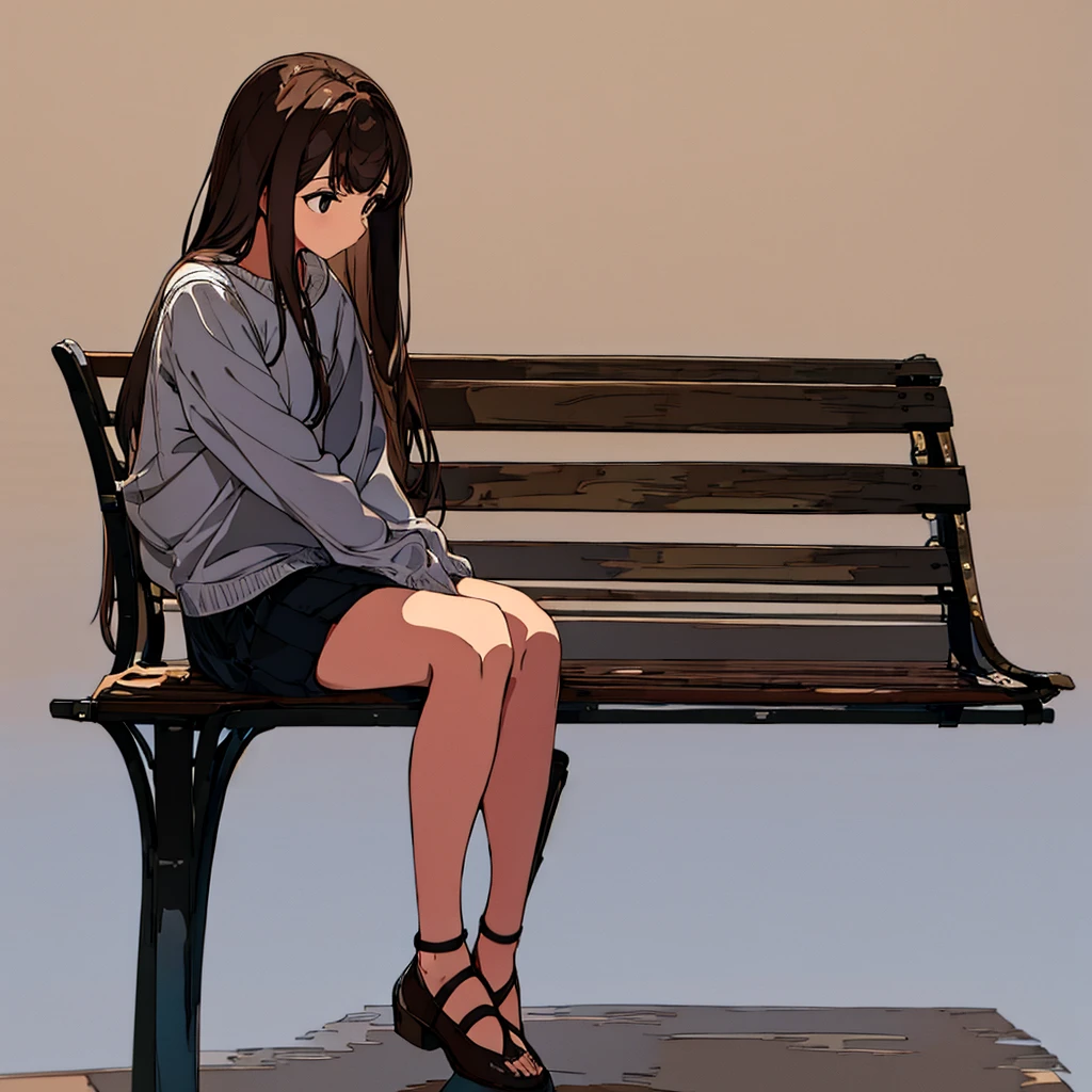 Light gray background Woman sitting on bench Brown hair Long Simple