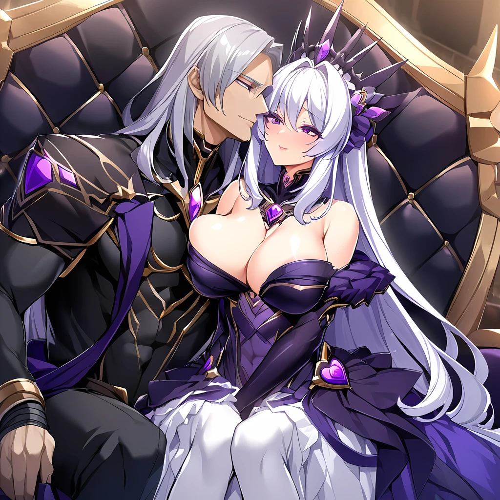 ((Highest quality)), ((masterpiece)), (detailed), (Perfect Face)、The woman is the evil queen, Dark Extia, an evil transforming heroine with medium-long silver hair, a gorgeous evil queen dress with gold embroidery and trim, gorgeous accessories, and an engagement ring. With a truly happy expression on her face, she embraces the man she loves, leans close to him, and kisses him, happily accepting his caresses.、The man is the evil king, Naioro, a handsome man with medium-long silver hair, wearing a black bodysuit, and doting on the woman, embracing her, fondling her breasts, and making love to her.、A man and a woman are sitting close together on a luxurious throne, making love.、A man and a woman are a deeply loving couple